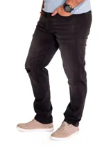 Jeans slim de corte ajustado en color gris oscuro con efecto deslavado, diseño de cinco bolsillos y un leve roto en la rodilla derecha.