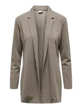 Blazer largo de punto elástico marca JDY, color beige, con cuello de solapas y diseño abierto sin botones.