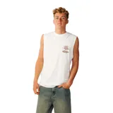 Musculosa blanca de corte clásico con diseño sin mangas, cuello redondo y pequeño estampado gráfico en el pecho.