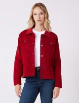 Campera de pana color rojo, marca Dash, con cuello solapa, abertura central con botones metálicos y bolsillos delanteros.