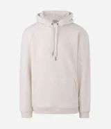 Buzo cerrado Marfinno de fleece en color negro, con capucha ajustable mediante cordón, bolsillo tipo canguro al frente, y puños y cintura elásticos.