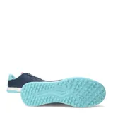 Championes de fútbol 5 Topper modelo San Ciro V TF, color azul con detalles en turquesa y rosado. Presentan una suela con tapones bajos ideal para césped sintético y logo de la marca en el lateral.