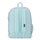 Mochila Jansport modelo Cross Town, color celeste con estampado de estrellas en tonos violeta y azul, bolsillo frontal con cierre, compartimento principal amplio y correas acolchadas ajustables.