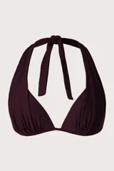 Top de bikini estilo halter, color violeta, con tiras anchas que se anudan al cuello.