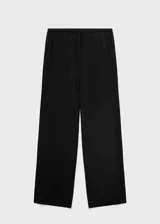 Pantalón negro de tiro medio con cintura elástica y lazo ajustable, de diseño recto.