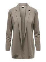 Blazer sastre de mujer color beige, con diseño abierto sin cierre frontal, mangas largas y solapas clásicas.