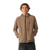 Campera Rip Curl Elite Dwr color marrón, con capucha ajustable, cierre frontal negro y bolsillos con cierre. Presenta un diseño repelente al agua y un pequeno parche con el logo de la marca en el pecho.