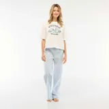Conjunto de pijama de dos piezas compuesto por una remera de manga corta con estampa de Stitch y un pantalón largo de corte recto con diseño de rayas verticales finas y cintura elástica.