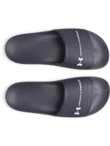 Sandalias de una pieza Under Armour modelo UA Armour Slide Lite, color azul marino, con tira ancha texturizada y logo de la marca en blanco.