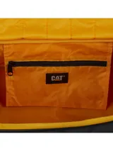 Bolso tipo duffel de Caterpillar en color negro, con detalles en amarillo y tiras ajustables. Cuenta con múltiples compartimentos, correas acolchadas y espacio para laptop.