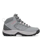 Bota de senderismo impermeable Columbia, color gris con detalles en coral. Presenta una combinación de cuero y malla en la parte superior, con entresuela amortiguada y suela de goma con tracción avanzada para diversos terrenos.
