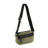 Bandolera verde militar de lona impermeable con correa negra ajustable con el logo de la marca.