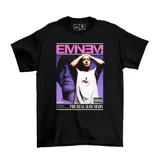 Remera negra de algodón con estampa frontal estilo bootleg de Eminem, con diseño en tonos violeta y rosa, incluyendo el título The Real Slim Shady.