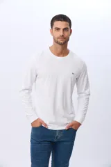 Remera manga larga lisa, color gris claro, con cuello redondo y logo bordado en el pecho.