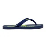 Chinelas de goma azul marino con estampado de palmeras en gris y detalles en amarillo flúor.