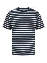 Camiseta de manga corta Jack & Jones Essentials, con cuello redondo y diseño a rayas horizontales azul marino y blanco.