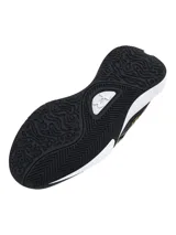 Championes de básquetbol Under Armour Lockdown 7, color negro con detalles en dorado y entresuela blanca. Presentan parte superior de malla transpirable con superposiciones de cuero y película para mayor sujeción, entresuela de EVA para una pisada ligera y reactiva, y suela exterior de caucho con patrón de tracción en espiga.