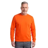 Buzo de cuello redondo color naranja, con detalle de costura en forma de V en el escote, puños y ruedo acanalados.