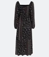 Vestido largo de viscosa con estampado floral, escote cuadrado, mangas largas con ajuste y corte en la cintura.