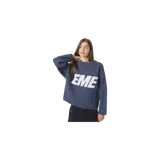 Sweater de punto color azul marino con diseño holgado, cuello redondo y la palabra "EME" estampada en grande de color blanco en el frente.