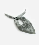 Pañuelo cuadrado de satén color verde con estampado paisley en blanco. Accesorio versátil para usar en el cuello, cabeza o como blusa.