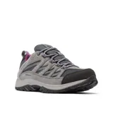 Championes de trekking Columbia modelo Crestwood Waterproof, color gris con detalles en violeta y negro. Confeccionados en una combinación de cuero y malla, cuentan con tecnología impermeable Omni-Tech, entresuela TechLite para amortiguación y suela Omni-Grip para tracción en diversos terrenos.