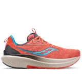 Championes Saucony Echelon 9 de dama, color coral con detalles en celeste y gris.