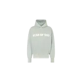 Hoodie de marca Fear Of God, color verde menta con efecto deslavado, capucha y estampado frontal con el texto "FEAR OF GOD" en color crema.