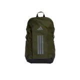 Mochila Adidas Primelift color verde militar con base negra, compartimento principal amplio, bolsillo frontal con cierre y tres franjas reflectantes verticales.