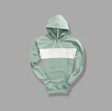 Hoodie verde menta de media estación con una franja horizontal gris en el pecho, capucha con cordón ajustable blanco y bolsillo tipo canguro delantero.