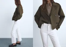 Jeans de tiro medio con diseño crop, estilo flare y bajo deshilachado, con cierre frontal de cremallera y botón, y cinco bolsillos.