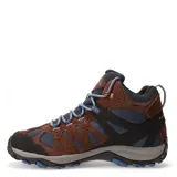 Championes de trekking Merrell modelo Accentor 3 Mid, de caña media, combinando tonos marrones y azul grisáceo. Presenta paneles de malla transpirable, refuerzos de gamuza y puntera protectora. Incluye cordones con detalles en azul claro y suela con relieve para mayor tracción.