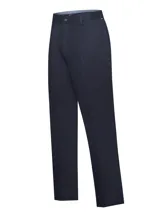 Pantalón de gabardina de corte clásico, color azul marino, con cierre frontal de botón y cremallera, trabillas para cinturón y bolsillos laterales.