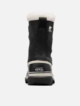 Botas de nieve Sorel modelo Caribou para mujer, de color negro con base de goma vulcanizada impermeable y detalles en blanco. Cuentan con parte superior de gamuza y nylon, cordones frontales con anillas metálicas y borde superior de pelo sintético blanco.