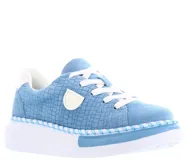 Championes deportivos Bottero de color celeste con textura tipo reptil. Presentan cordones blancos, suela de plataforma blanca con detalle de costura decorativa en celeste y logo de la marca en el lateral.