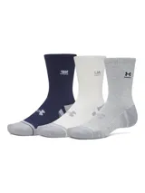 Medias deportivas de caña media Under Armour, color gris jaspeado con logo bordado en tono oscuro. Presentan diseño ergonómico con soporte de arco integrado, paneles de malla para mayor transpirabilidad y amortiguación en la planta del pie.