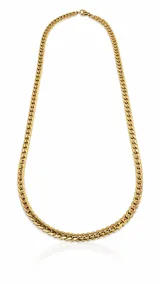 Cadena estilo cubano con eslabones planos y pulidos, fabricada en acero inoxidable con enchapado en oro 18k.