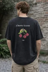 Remera de algodón premium con efecto lavado, manga corta y cuello redondo. Presenta un estampado gráfico en la espalda con el texto 'Cherry Season' y un diseño de cerezas pixeladas.