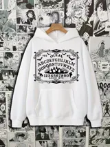 Canguro blanco con capucha y bolsillo delantero, con estampado de ouija en el frente.