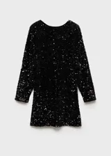 Vestido corto de fiesta confeccionado en tejido cubierto de lentejuelas negras. Presenta un diseño entallado, cuello redondo y mangas largas abullonadas. Incluye forro interior y cierre de botón en la espalda.