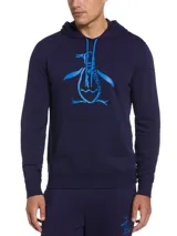 Buzo hoodie azul marino de hombre, con capucha ajustable con cordón celeste y logo de pingüino celeste estampado en el pecho. Tiene bolsillo tipo canguro y puños y cintura acanalados.
