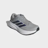 Championes de running Adidas Response 2, color gris con detalles en azul oscuro y entresuela blanca. Presentan una parte superior de malla transpirable, cierre con cordones y tecnología Cloudfoam+ en la entresuela para mayor amortiguación.
