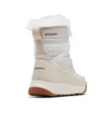 Bota de invierno Columbia modelo Minx Shorty IV, color beige con detalles en blanco. Presenta diseño acolchado, interior con forro de piel sintética, sistema de cordones y suela de goma con tracción.