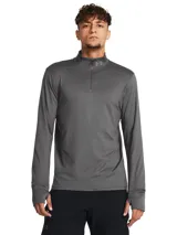 Buzo deportivo Under Armour de manga larga, color gris, con cierre frontal parcial de un cuarto y cuello alto. Presenta orificios para los pulgares en los puños y tejido elástico de secado rápido.