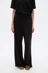 Pantalón ancho de tiro alto, color natural, confeccionado en poliéster con detalles de strass.