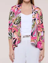 Cardigan abierto de manga larga en seda fría con estampado multicolor en tonos rosados, naranjas, verdes y negros.