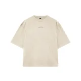 Remera beige de corte oversize con estampa en la espalda con la frase "venefoproject" en color marrón.