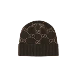 Gorro beanie de punto en color marrón con diseño jacquard del monograma GG en tono tostado y borde acanalado liso.