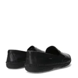 Mocasines de cuero color negro para hombre, con diseño easy wear, costuras artesanales visibles y detalles de elásticos laterales para un calce cómodo.