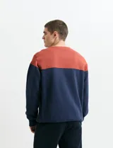 Sweater de tejido circular con diseño color block, combinando una franja superior en color verde y el resto de la prenda en gris oscuro. Presenta cuello redondo y puños en tejido canalé.